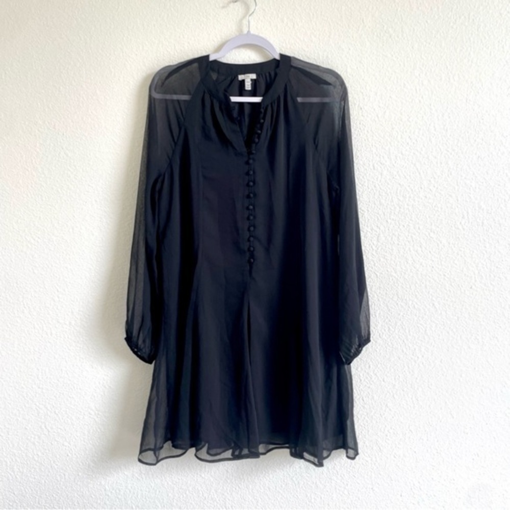 Joie Chiffon Dress Womens Size Small Black Sheere Puff Sleeve Buttons Flare